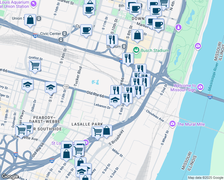 map of restaurants, bars, coffee shops, grocery stores, and more near 800 N 8th St in St Louis