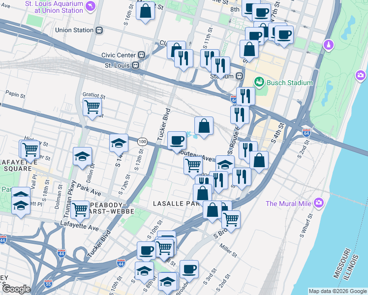 map of restaurants, bars, coffee shops, grocery stores, and more near in St. Louis