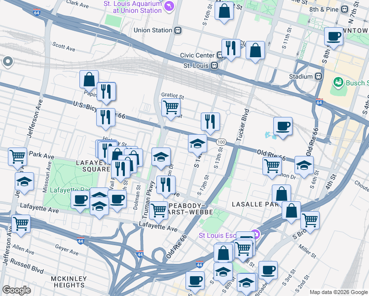 map of restaurants, bars, coffee shops, grocery stores, and more near 1022 Saint Ange Avenue in St. Louis