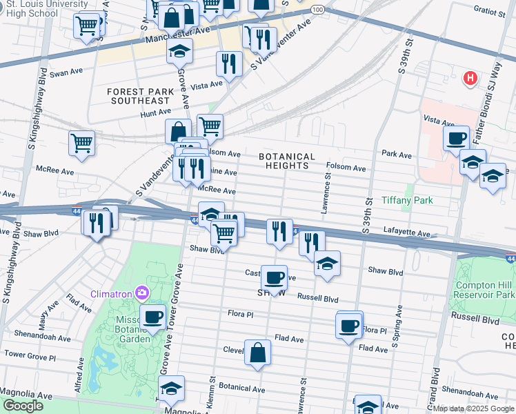 map of restaurants, bars, coffee shops, grocery stores, and more near 4148 McRee Avenue in St. Louis