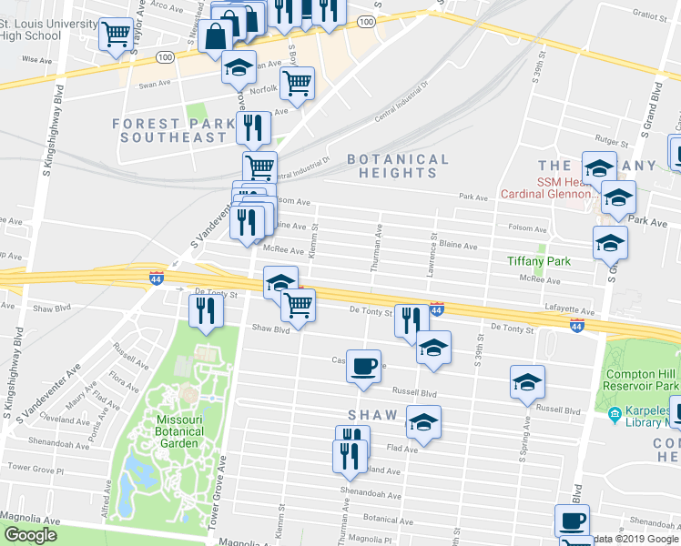 map of restaurants, bars, coffee shops, grocery stores, and more near 4148 McRee Avenue in St. Louis