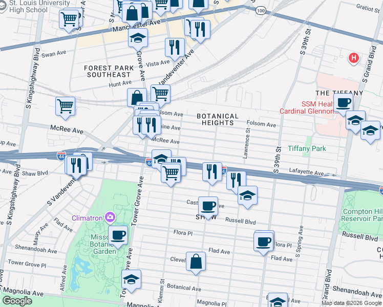 map of restaurants, bars, coffee shops, grocery stores, and more near 4148 McRee Avenue in St. Louis
