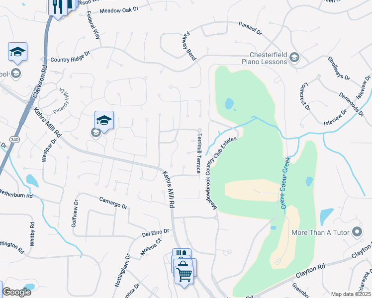 map of restaurants, bars, coffee shops, grocery stores, and more near 15516 Amber Meadows Court in Chesterfield