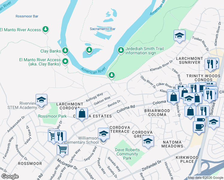 map of restaurants, bars, coffee shops, grocery stores, and more near 10024 Yukon River Way in Rancho Cordova