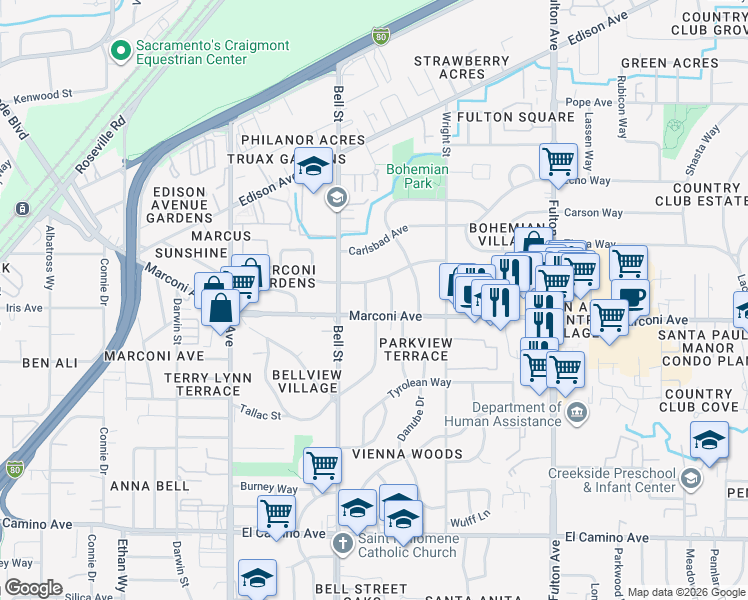 map of restaurants, bars, coffee shops, grocery stores, and more near 2941 Glacier Street in Sacramento