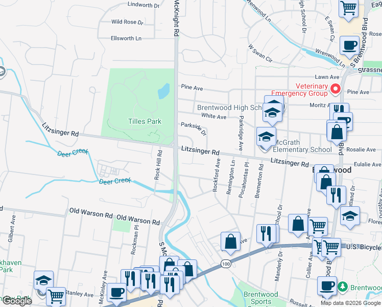map of restaurants, bars, coffee shops, grocery stores, and more near 9441 Litzsinger Road in Brentwood