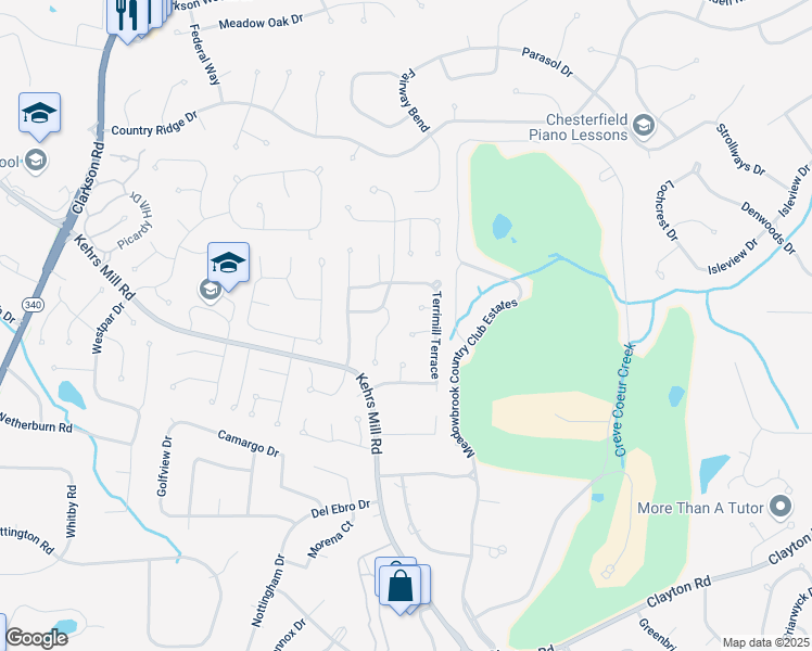map of restaurants, bars, coffee shops, grocery stores, and more near 15516 Amber Meadows Court in Chesterfield