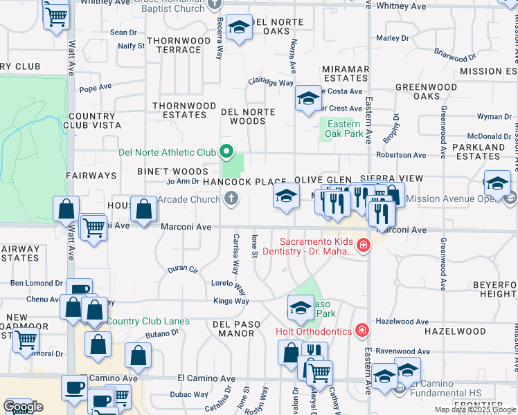 map of restaurants, bars, coffee shops, grocery stores, and more near 4009 Marconi Avenue in Sacramento