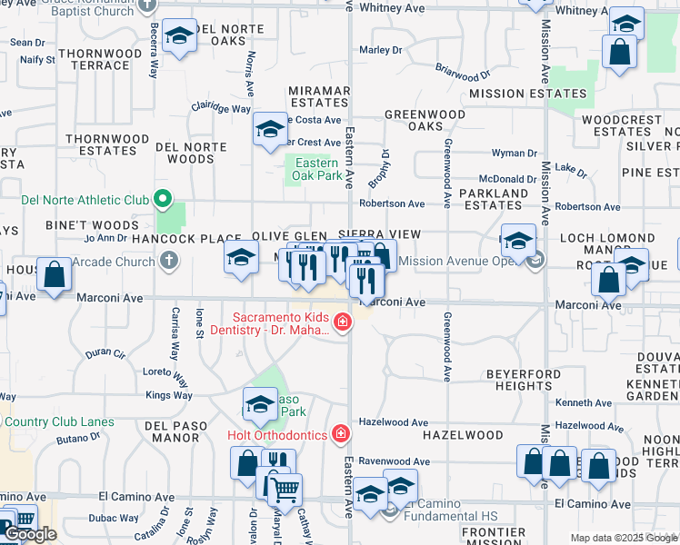 map of restaurants, bars, coffee shops, grocery stores, and more near 4229 Boone Lane in Sacramento