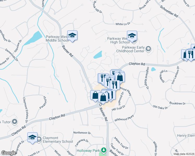 map of restaurants, bars, coffee shops, grocery stores, and more near 15021 Claymoor Court in Chesterfield
