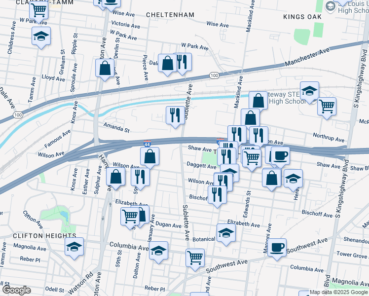 map of restaurants, bars, coffee shops, grocery stores, and more near 5548 Shaw Avenue in St. Louis