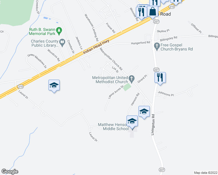 map of restaurants, bars, coffee shops, grocery stores, and more near 3708 Fleet Court in Indian Head