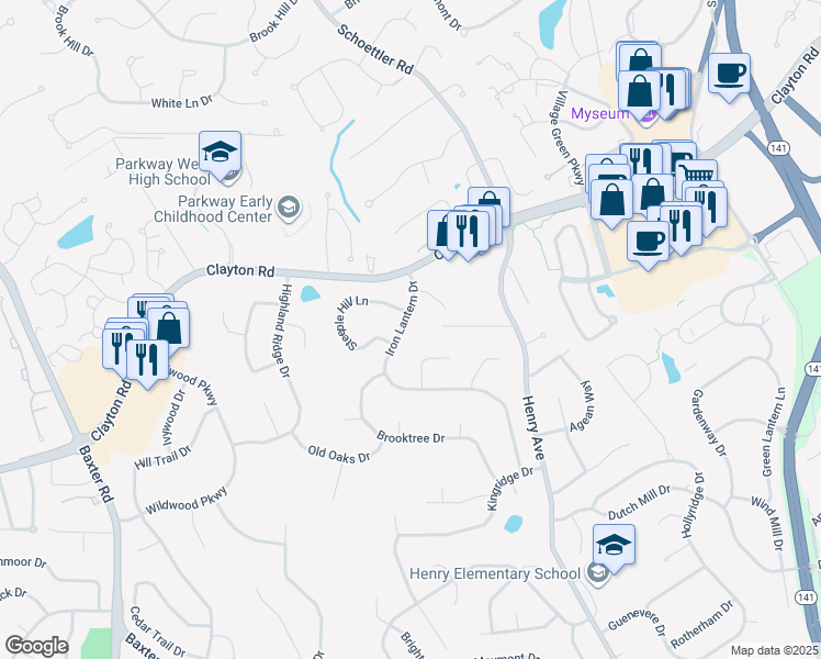 map of restaurants, bars, coffee shops, grocery stores, and more near 516 Iron Lantern Drive in Ballwin