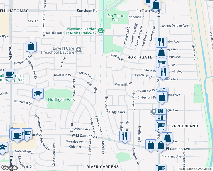 map of restaurants, bars, coffee shops, grocery stores, and more near 2336 Camarillo Drive in Sacramento