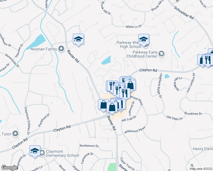 map of restaurants, bars, coffee shops, grocery stores, and more near 15049 Claymoor Court in Chesterfield