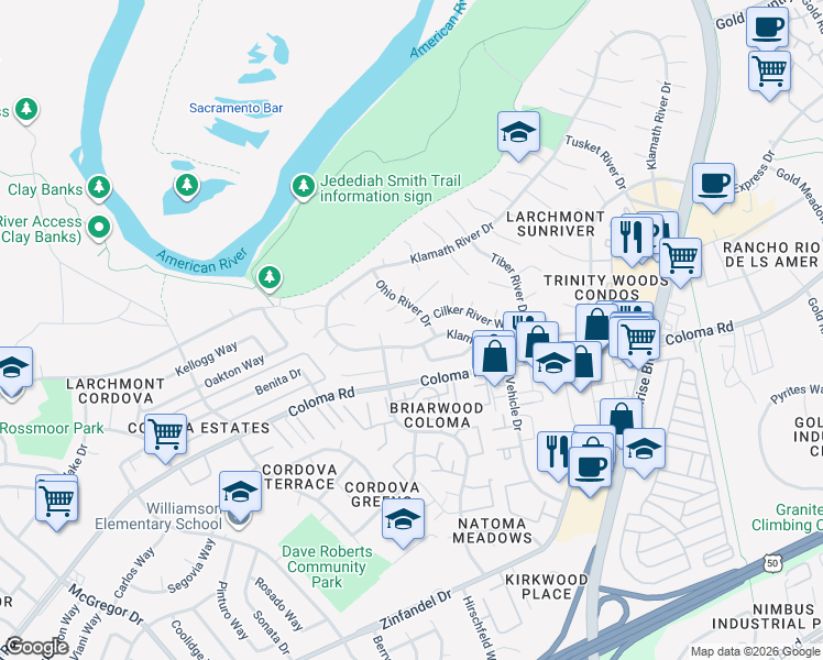 map of restaurants, bars, coffee shops, grocery stores, and more near 11001 Rainbow River Court in Rancho Cordova