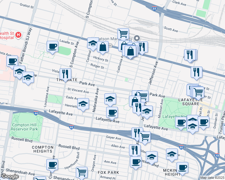 map of restaurants, bars, coffee shops, grocery stores, and more near 2800 Park Avenue in St. Louis