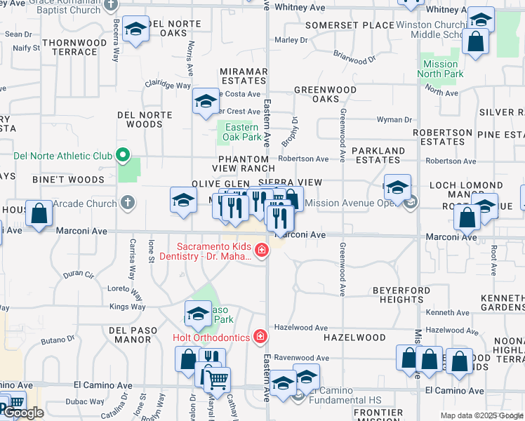 map of restaurants, bars, coffee shops, grocery stores, and more near 4229 Boone Lane in Sacramento