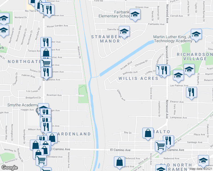 map of restaurants, bars, coffee shops, grocery stores, and more near 2940 Colfax Street in Sacramento