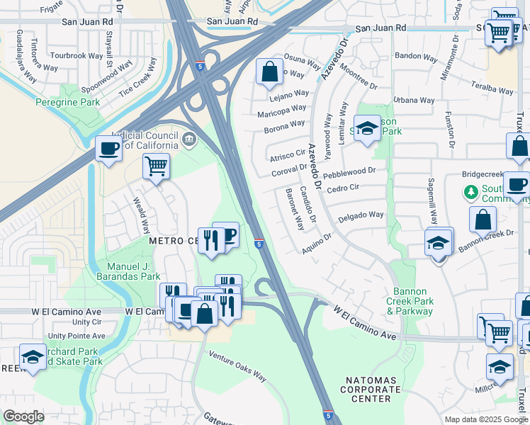 map of restaurants, bars, coffee shops, grocery stores, and more near 14 Ciervo Court in Sacramento