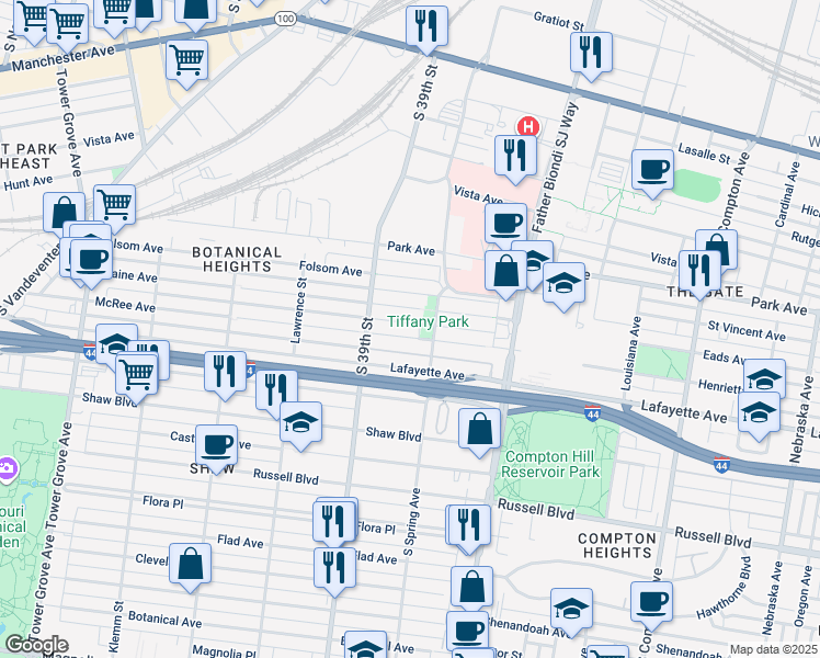 map of restaurants, bars, coffee shops, grocery stores, and more near 3822 Blaine Avenue in St. Louis
