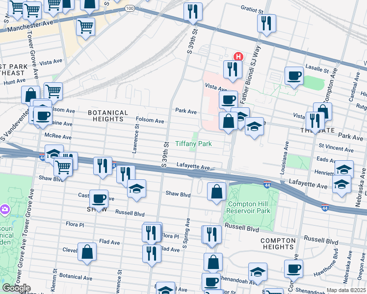 map of restaurants, bars, coffee shops, grocery stores, and more near 3822 Blaine Avenue in St. Louis
