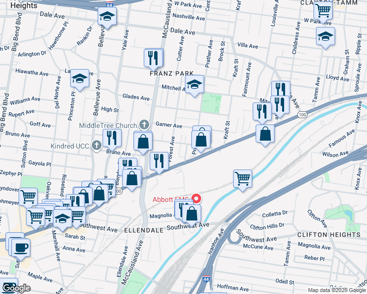 map of restaurants, bars, coffee shops, grocery stores, and more near 6834 Waldemar Avenue in St. Louis