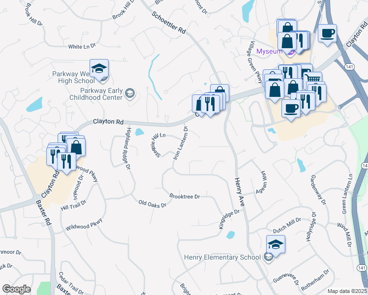 map of restaurants, bars, coffee shops, grocery stores, and more near 516 Iron Lantern Drive in Ballwin