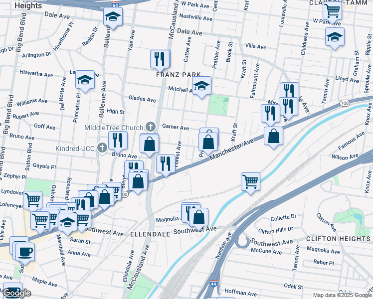 map of restaurants, bars, coffee shops, grocery stores, and more near 6834 Waldemar Avenue in St. Louis