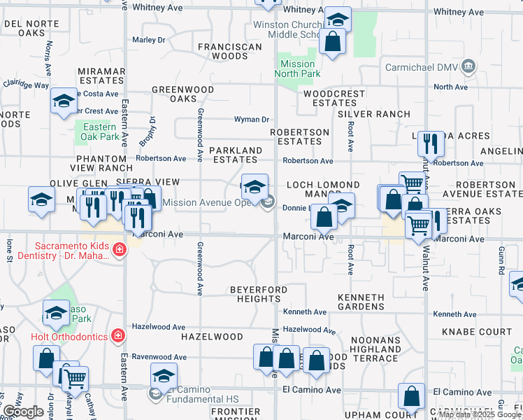 map of restaurants, bars, coffee shops, grocery stores, and more near 2925 Mission Avenue in Carmichael