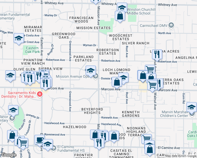 map of restaurants, bars, coffee shops, grocery stores, and more near 2925 Mission Avenue in Carmichael