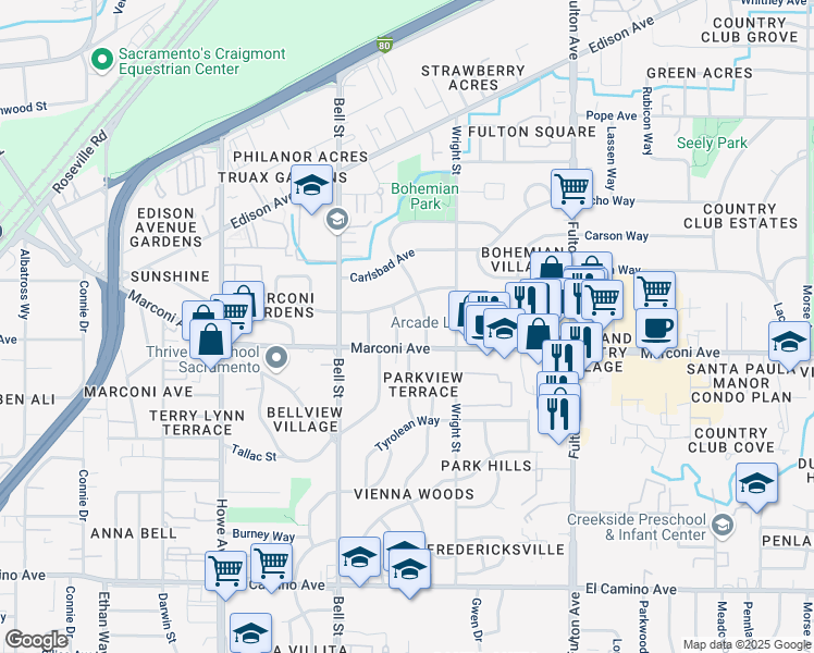map of restaurants, bars, coffee shops, grocery stores, and more near 2941 Glacier Street in Sacramento
