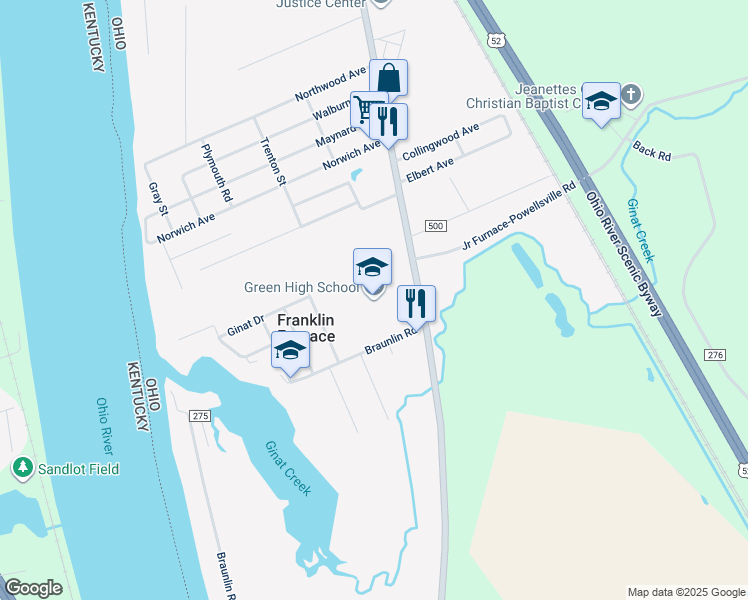 map of restaurants, bars, coffee shops, grocery stores, and more near 4057 Gallia Pike in Franklin Furnace