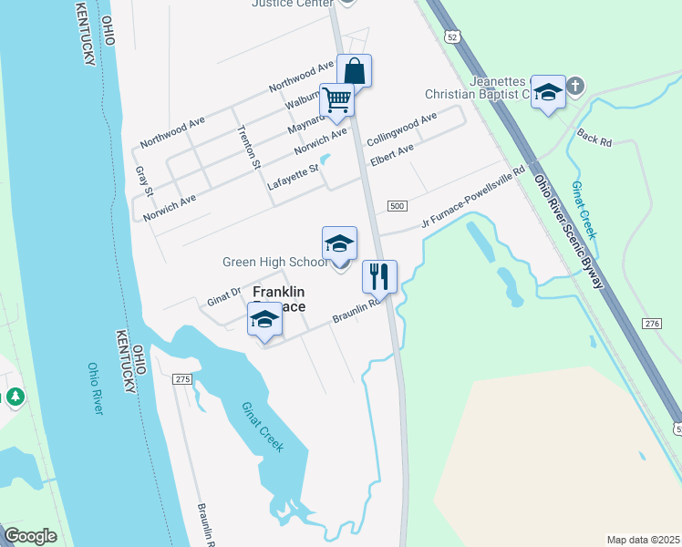 map of restaurants, bars, coffee shops, grocery stores, and more near 4057 Gallia Pike in Franklin Furnace