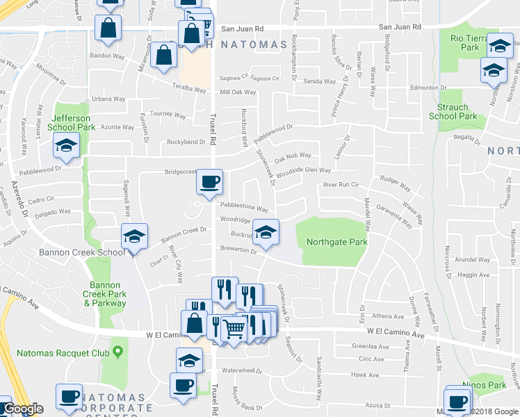 map of restaurants, bars, coffee shops, grocery stores, and more near Morning Dove Circle & Pebblestone Way in Sacramento