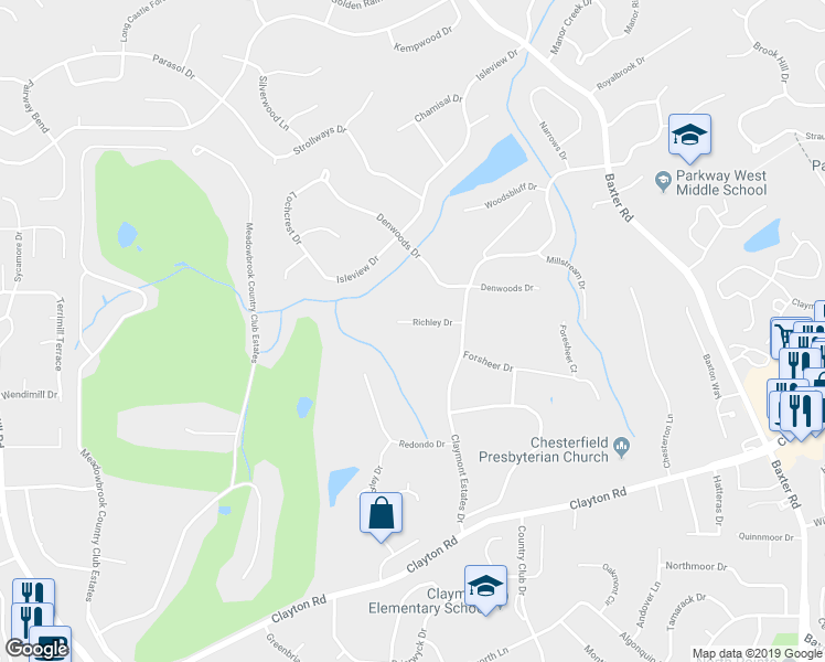 map of restaurants, bars, coffee shops, grocery stores, and more near 506 Richley Drive in Chesterfield