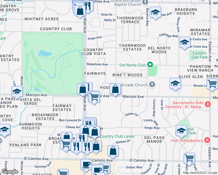 map of restaurants, bars, coffee shops, grocery stores, and more near 3604 Darlene Avenue in Sacramento