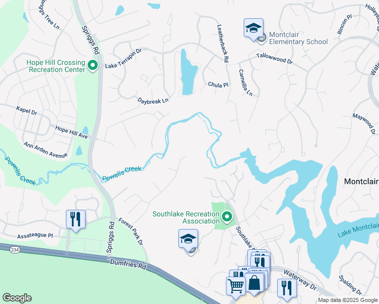 map of restaurants, bars, coffee shops, grocery stores, and more near 5268 Gunston Hall Drive in Woodbridge