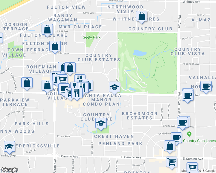 map of restaurants, bars, coffee shops, grocery stores, and more near 2911 Lacy Lane in Sacramento