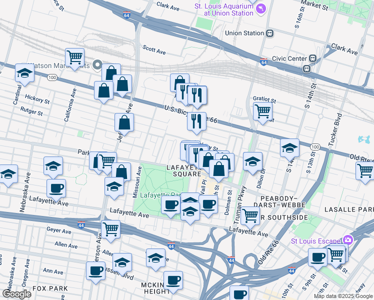 map of restaurants, bars, coffee shops, grocery stores, and more near 28 Benton Place in St. Louis