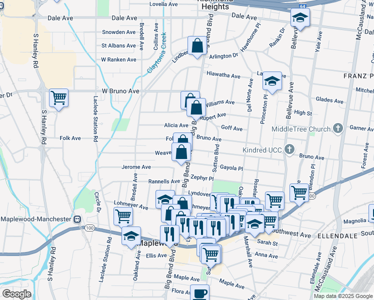 map of restaurants, bars, coffee shops, grocery stores, and more near 7515 Weaver Avenue in Maplewood