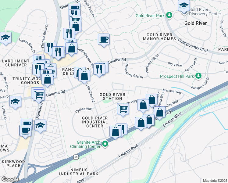 map of restaurants, bars, coffee shops, grocery stores, and more near 11379 Gold Station Drive in Gold River
