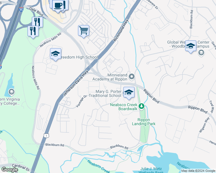 map of restaurants, bars, coffee shops, grocery stores, and more near 15335 Gatehouse Terrace in Woodbridge