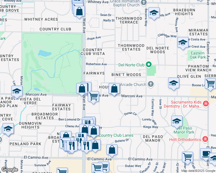 map of restaurants, bars, coffee shops, grocery stores, and more near 3604 Darlene Avenue in Sacramento