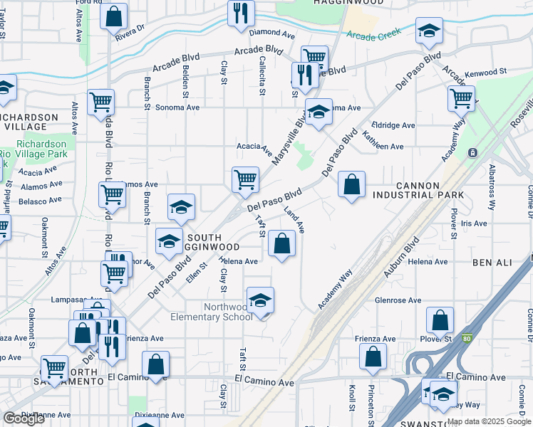 map of restaurants, bars, coffee shops, grocery stores, and more near 2912 Del Paso Boulevard in Sacramento