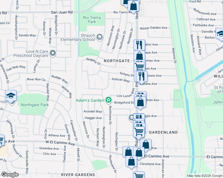 map of restaurants, bars, coffee shops, grocery stores, and more near 19 Penasco Court in Sacramento