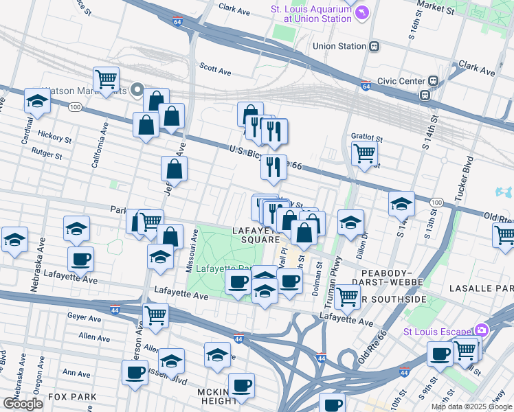map of restaurants, bars, coffee shops, grocery stores, and more near 28 Benton Place in St. Louis