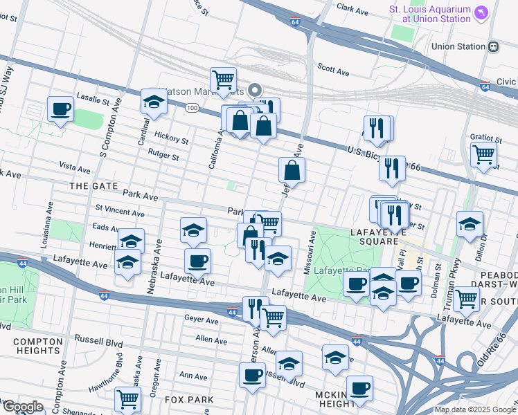 map of restaurants, bars, coffee shops, grocery stores, and more near 1410 Ohio Avenue in St. Louis