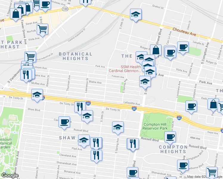 map of restaurants, bars, coffee shops, grocery stores, and more near 3861 McRee Avenue in St. Louis