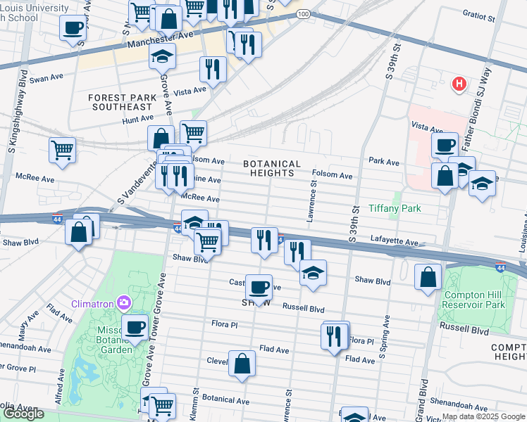 map of restaurants, bars, coffee shops, grocery stores, and more near 4108 McRee Avenue in St. Louis